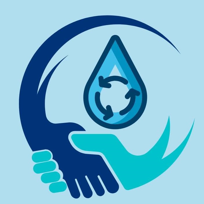 Two hands clasped, with the arm ends fading to a wave like shape. There is a water drop with the recycling symbol in the middle